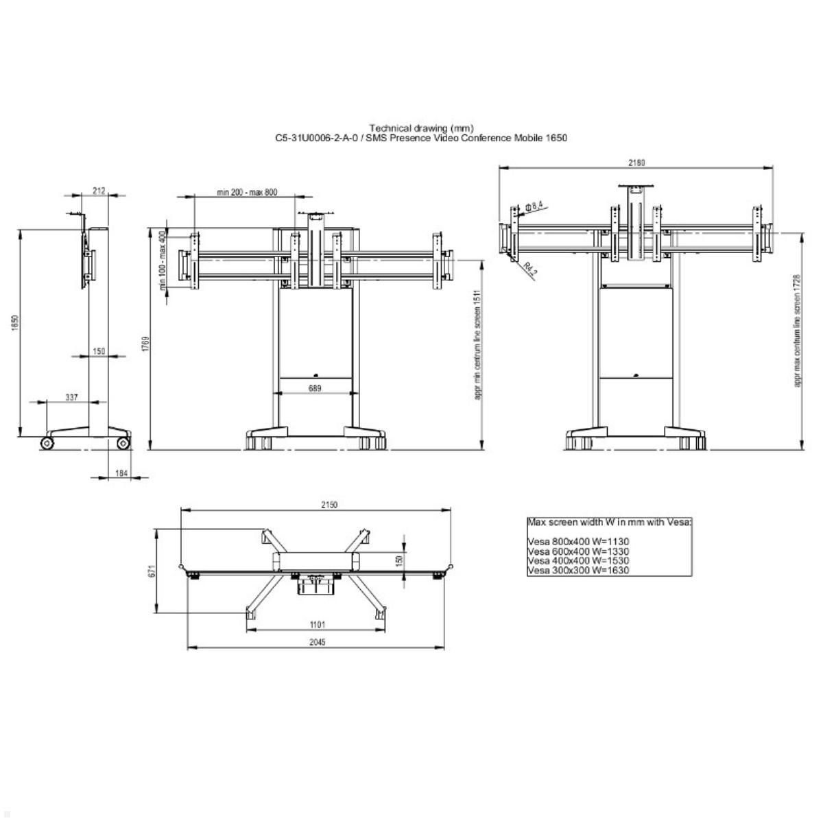 SMS Presence mobiler Videokonferenz Standfuß 1650 mm (C5-31U006-2-A-0) technische Zeichnung