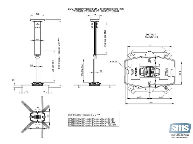 SMS Beamer Deckenhalterung CM V 1235-1735mm weiß (PP120004), Maße